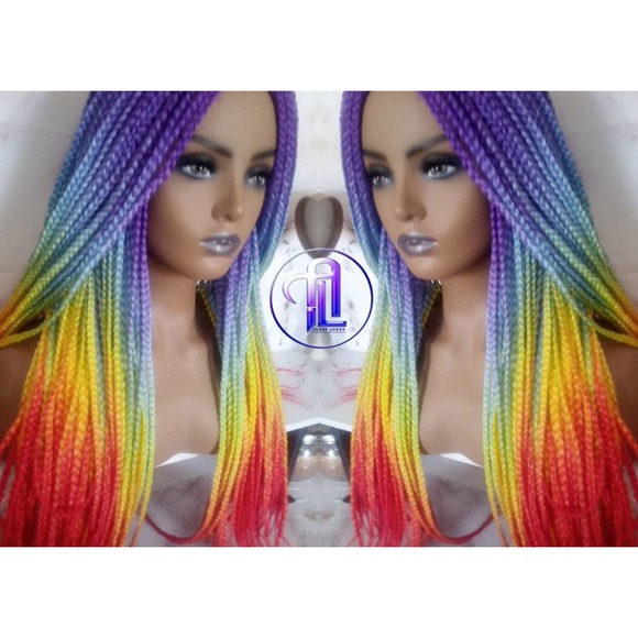 Rainbow Wig Mermaid Purple Blue Orange Box Braids braided Lace Part Wig Pride - Picture 1 of 10